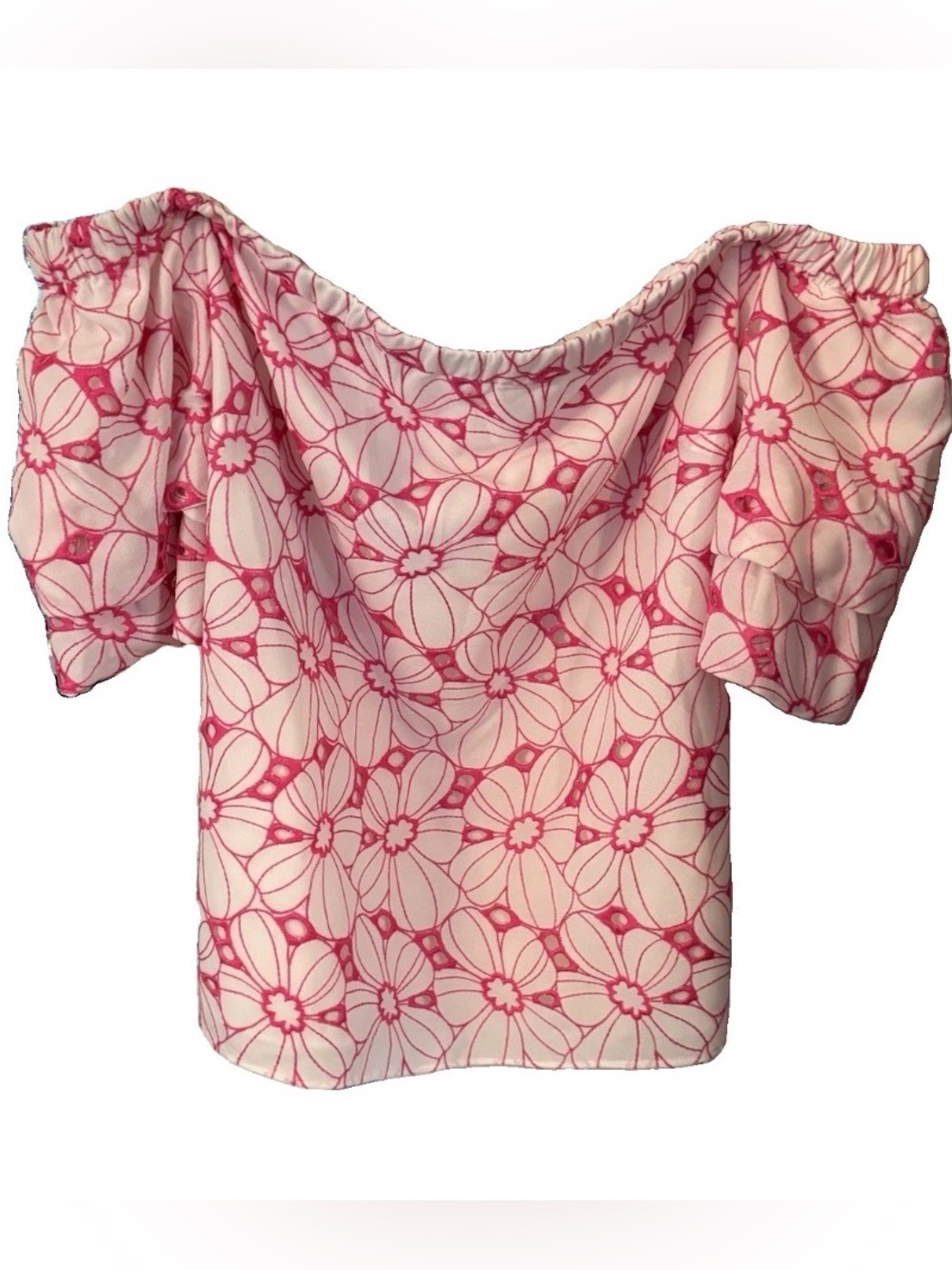 Lilly Pulitzer Lesley Off The Shoulder Top White Eyelet & Raspberry Sz M EUC